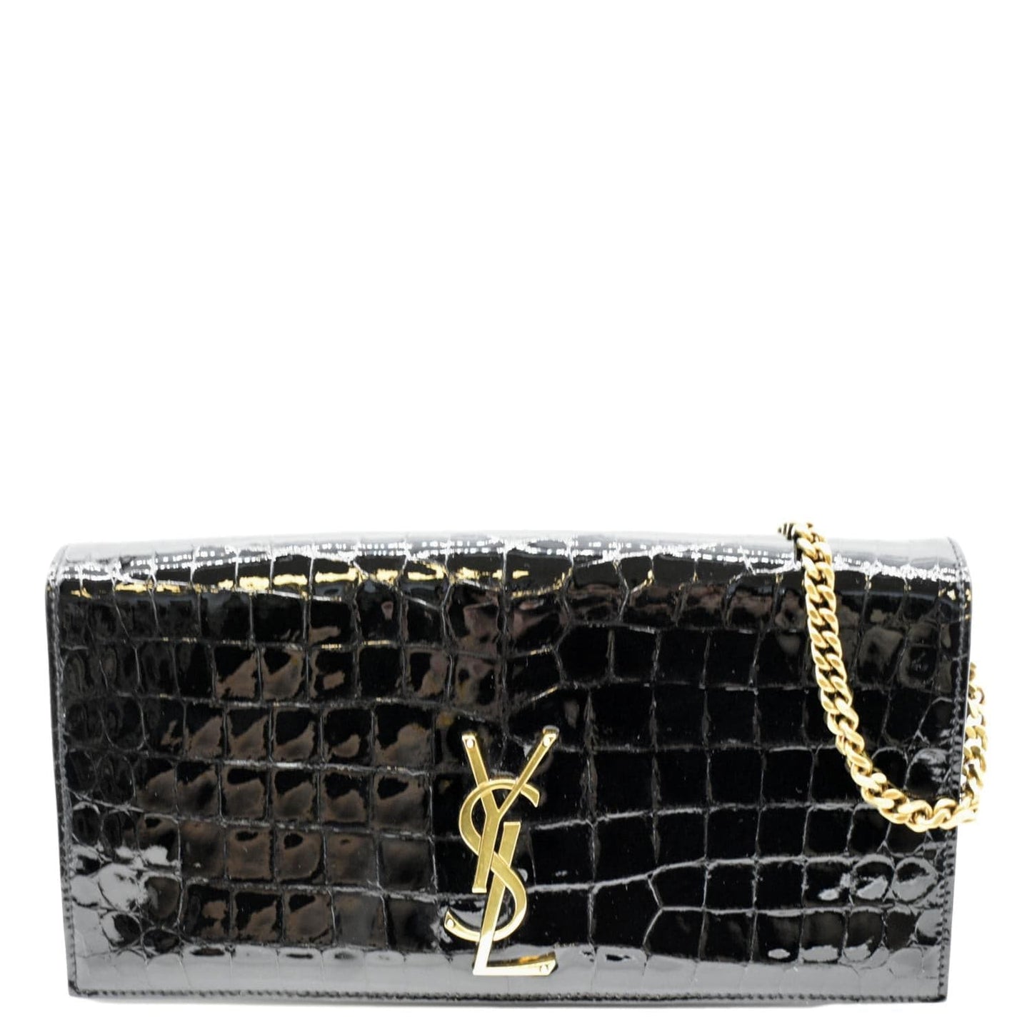 YSL Saint Laurent Yves Kate Alligator Shoulder Bag Leather Black Chain