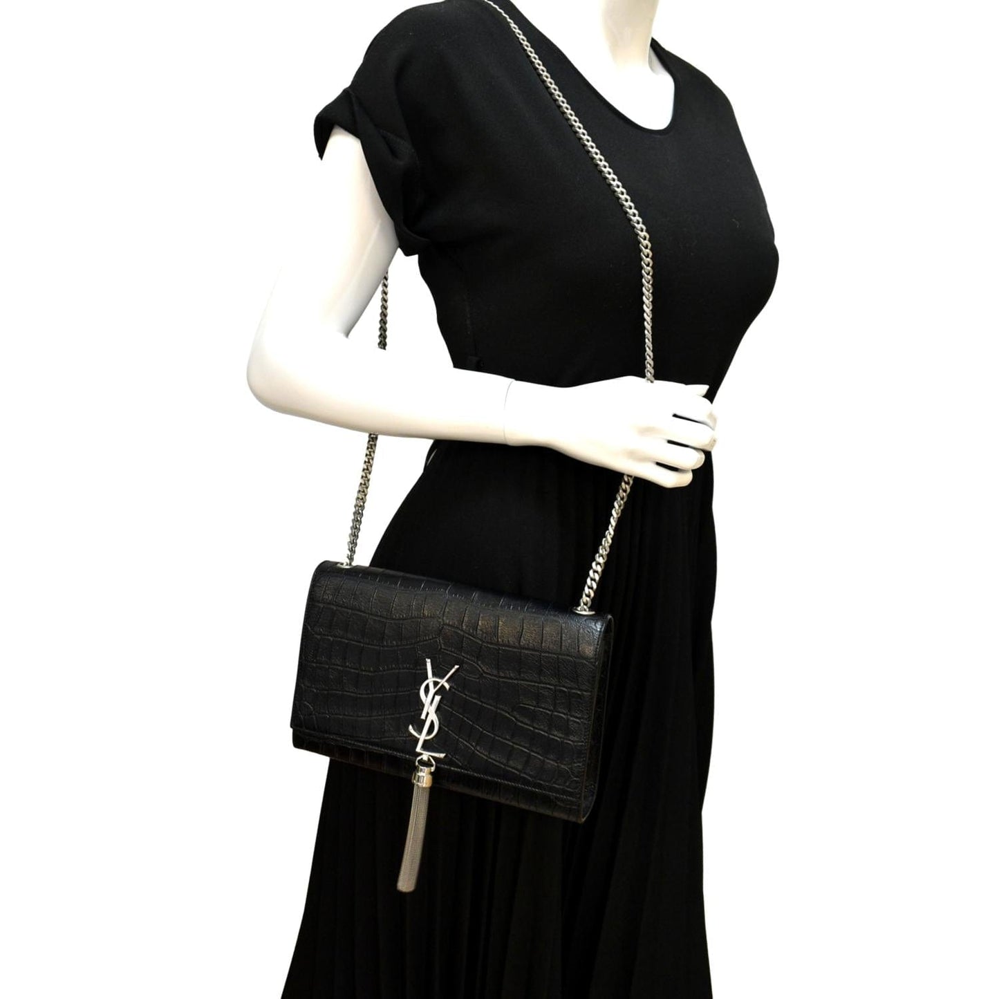 YSL Saint Laurent Saint Kate Crocodile Embossed Shoulder Bag Leather Black