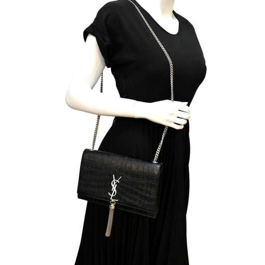 YSL Saint Laurent Yves Kate Crocodile Shoulder Bag Leather Black Embossed