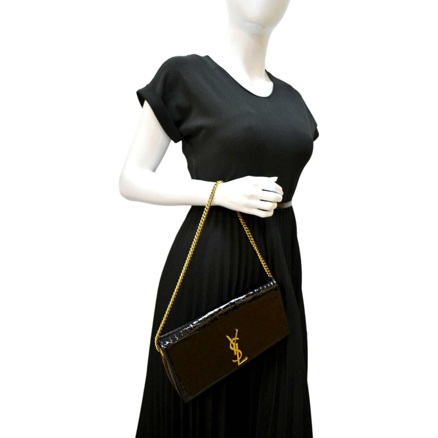 YSL Saint Laurent Yves Kate Alligator Shoulder Bag Leather Black Chain