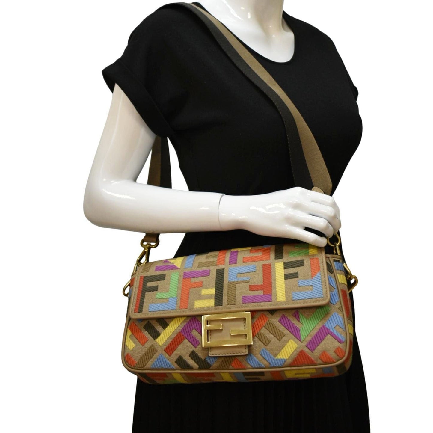 Fendi King Ff Baguette Shoulder Bag Cuoio Canvas Vitello Embroidered