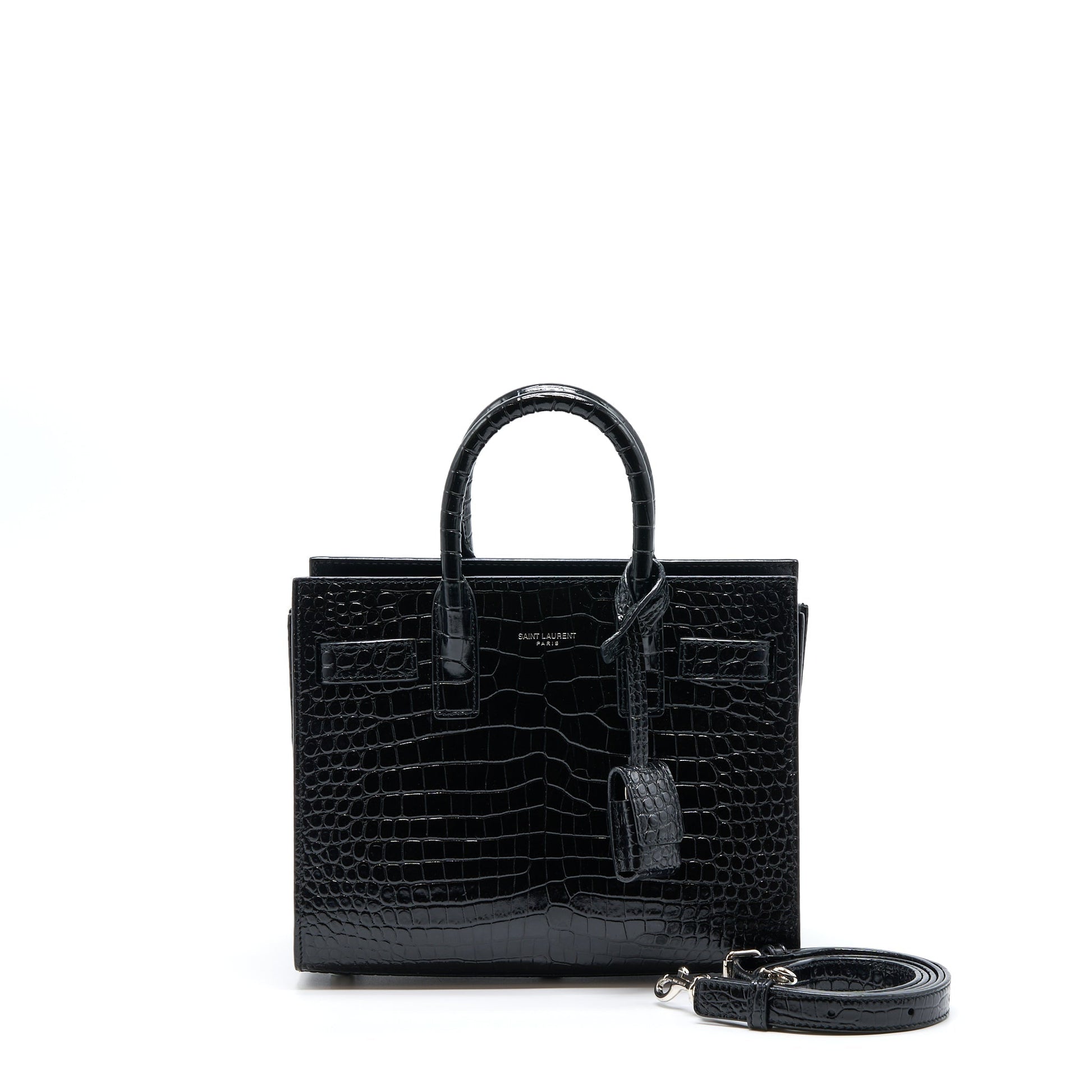 YSL Saint Laurent Sac De Jour Nano Crocodile Embossed Travel Black Travel Bag