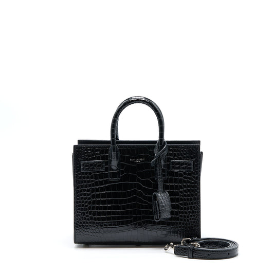 YSL Saint Laurent Sac De Jour Nano Crocodile Embossed Travel Black Travel Bag