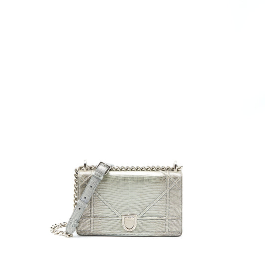 Dior ama Lizard Metallic Handbag Silver Small Travel Bag