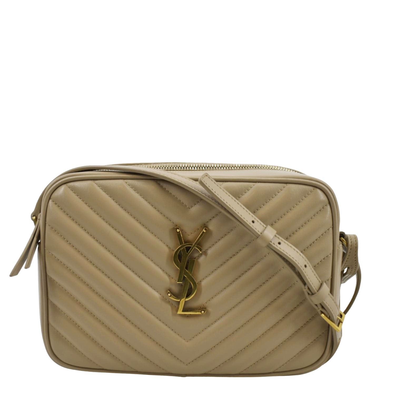 YSL Saint Laurent Yves Lou Chevron Camera Crossbody Bag Leather Beige