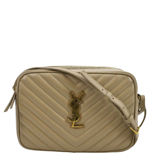 YSL Saint Laurent Saint Lou Chevron Camera Crossbody Bag Leather Beige