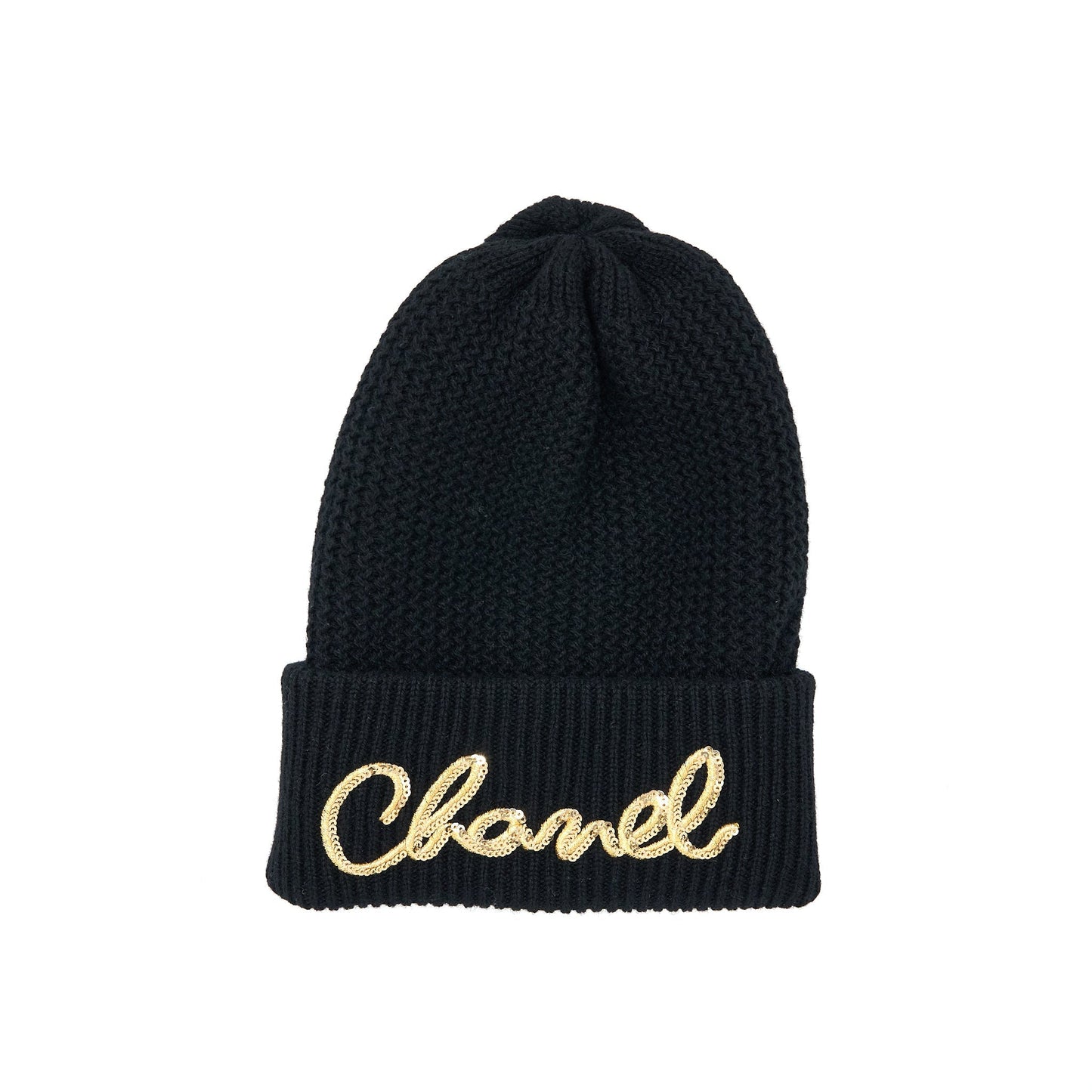 Chanel Cashmere Beanie Letters Black Gold Hat