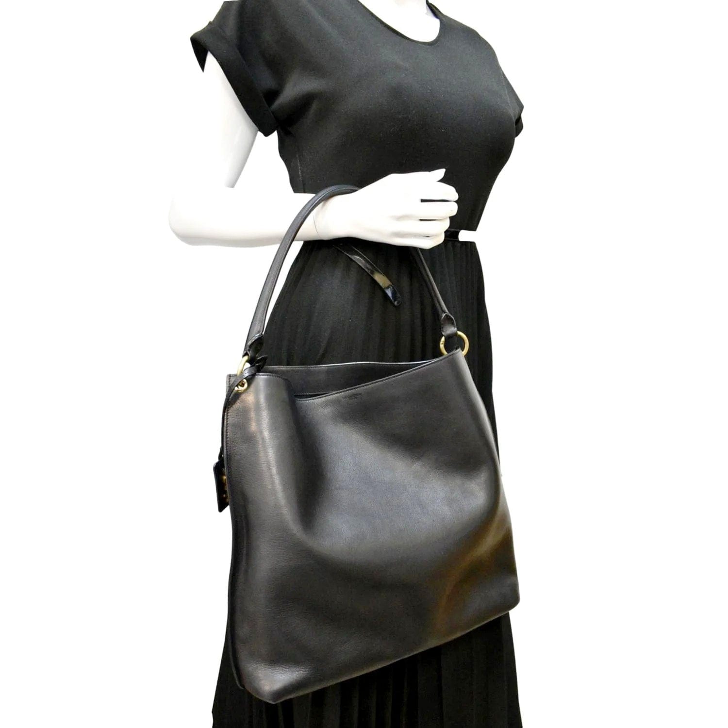 YSL Saint Laurent Yves Tag Calfskin Hobo Bag Leather Black