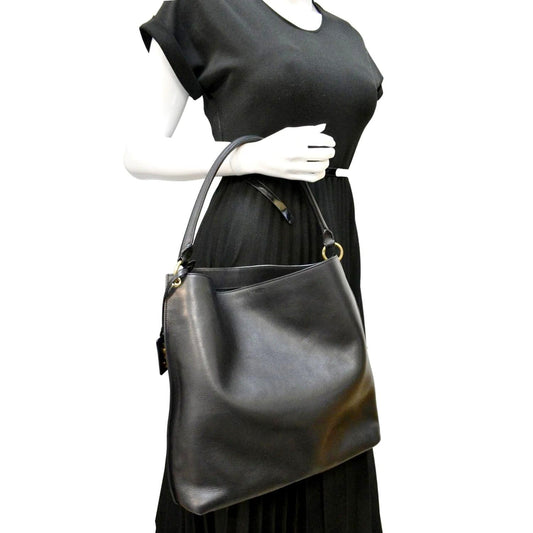 YSL Saint Laurent Yves Tag Calfskin Hobo Bag Leather Black