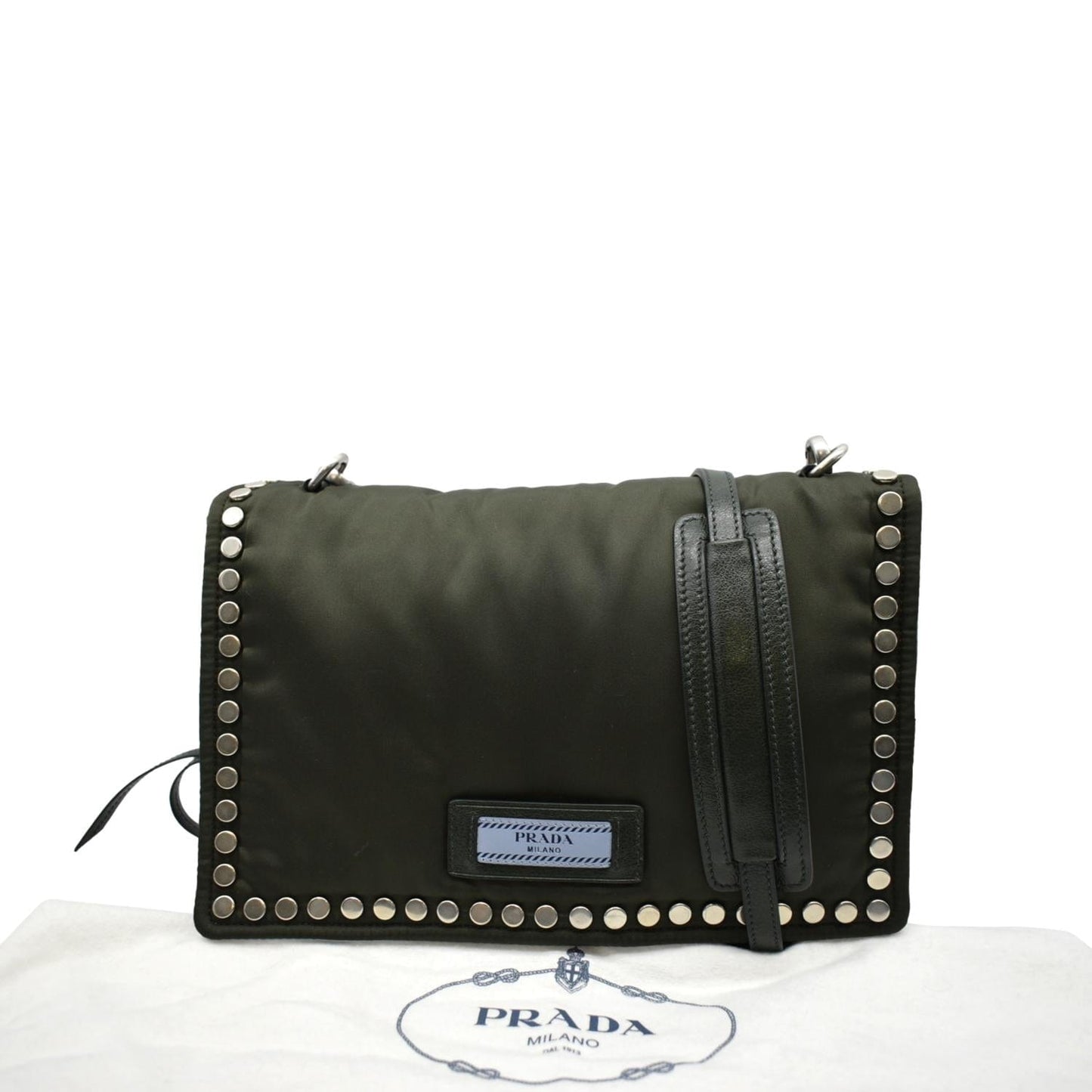 Prada Tessuto Studded Etiquette Shoulder Bag Olive Nylon Green
