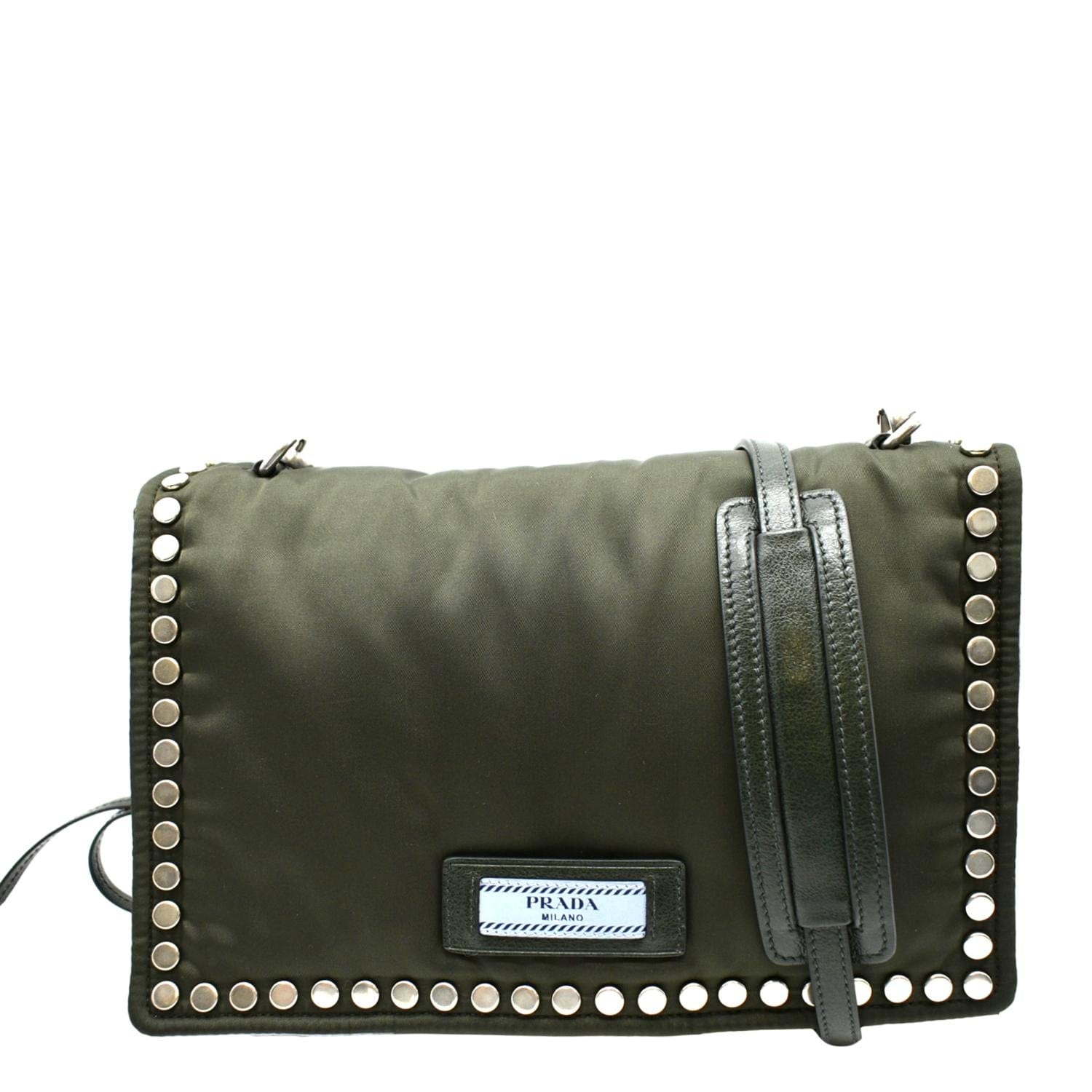 Prada Tessuto Studded Etiquette Shoulder Bag Olive Nylon Green