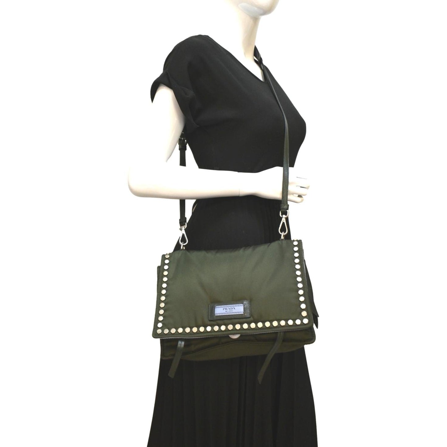 Prada Tessuto Studded Etiquette Shoulder Bag Olive Nylon Green