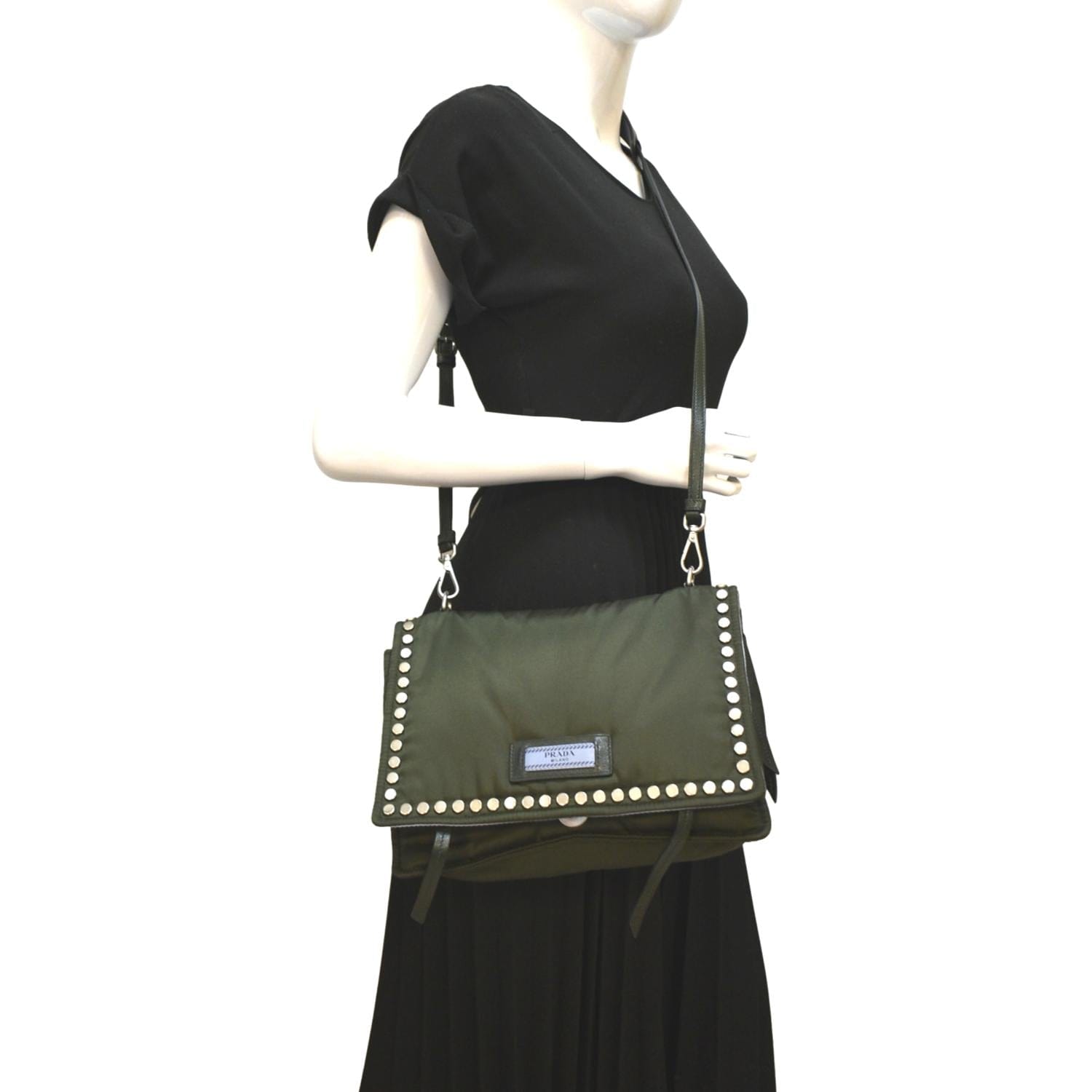 Tessuto Studded Etiquette Shoulder Bag Olive Nylon Green