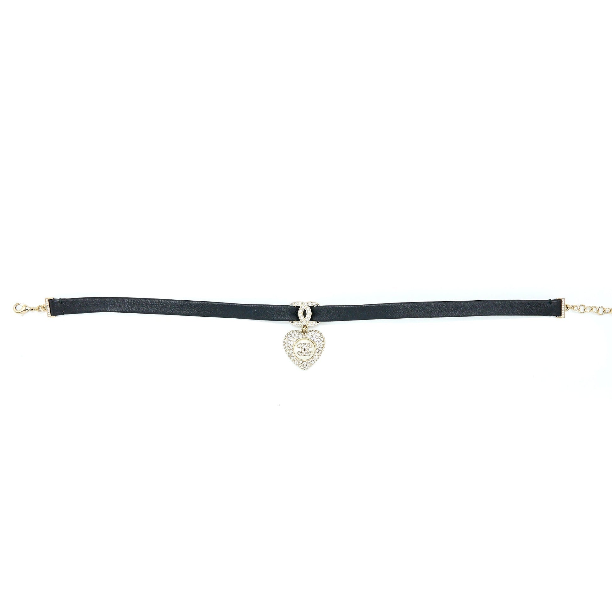 Chanel Crystal CC Logo Heart Chocker Pearl Black Gold Leather Handbag