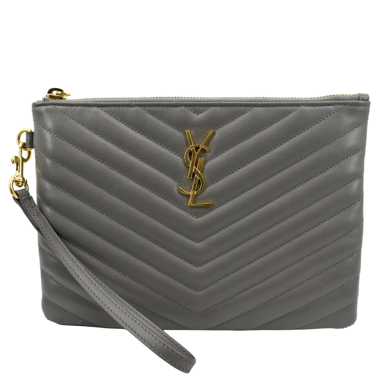 YSL Saint Laurent Saint Pouch Grey Travel Bag Leather Monogram