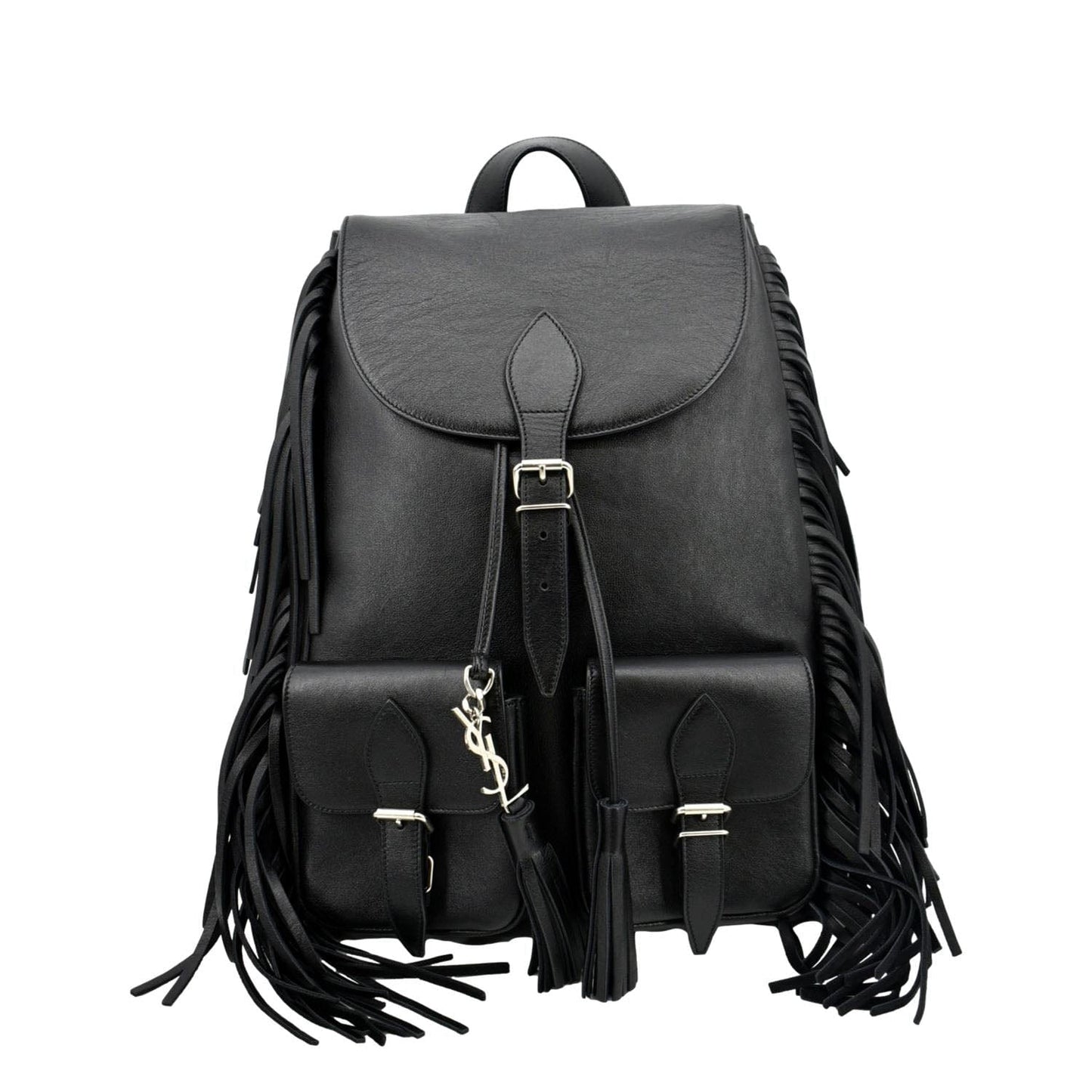 YSL Saint Laurent Yves Fringe Calfskin Backpack Bag Leather Black