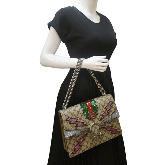 Gucci Dionysus Supreme Embroidered Sequin Shoulder Bag Beige