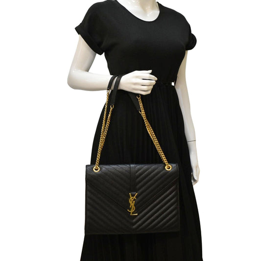 YSL Saint Laurent Yves Envelope Shoulder Bag Leather Matelasse Black