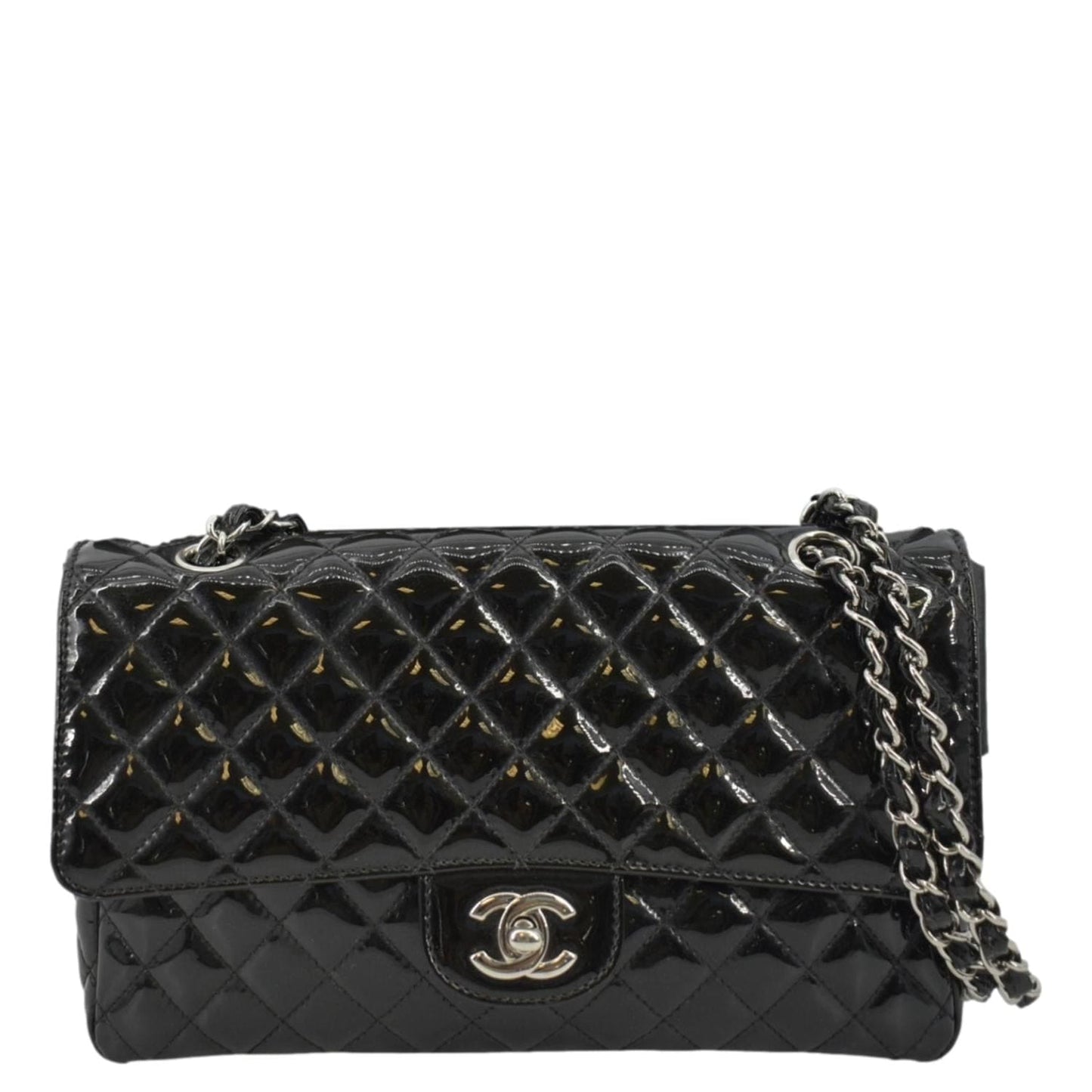Chanel Secret Label Flap Patent Leather Black Travel Bag