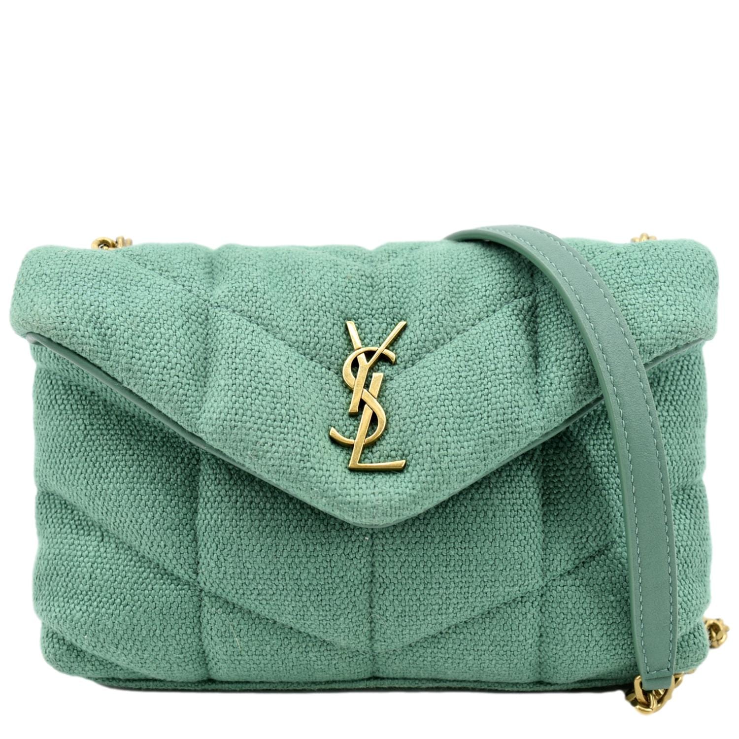 YSL Saint Laurent Yves Loulou Puffer Crossbody Bag Light Canvas Quilted Green