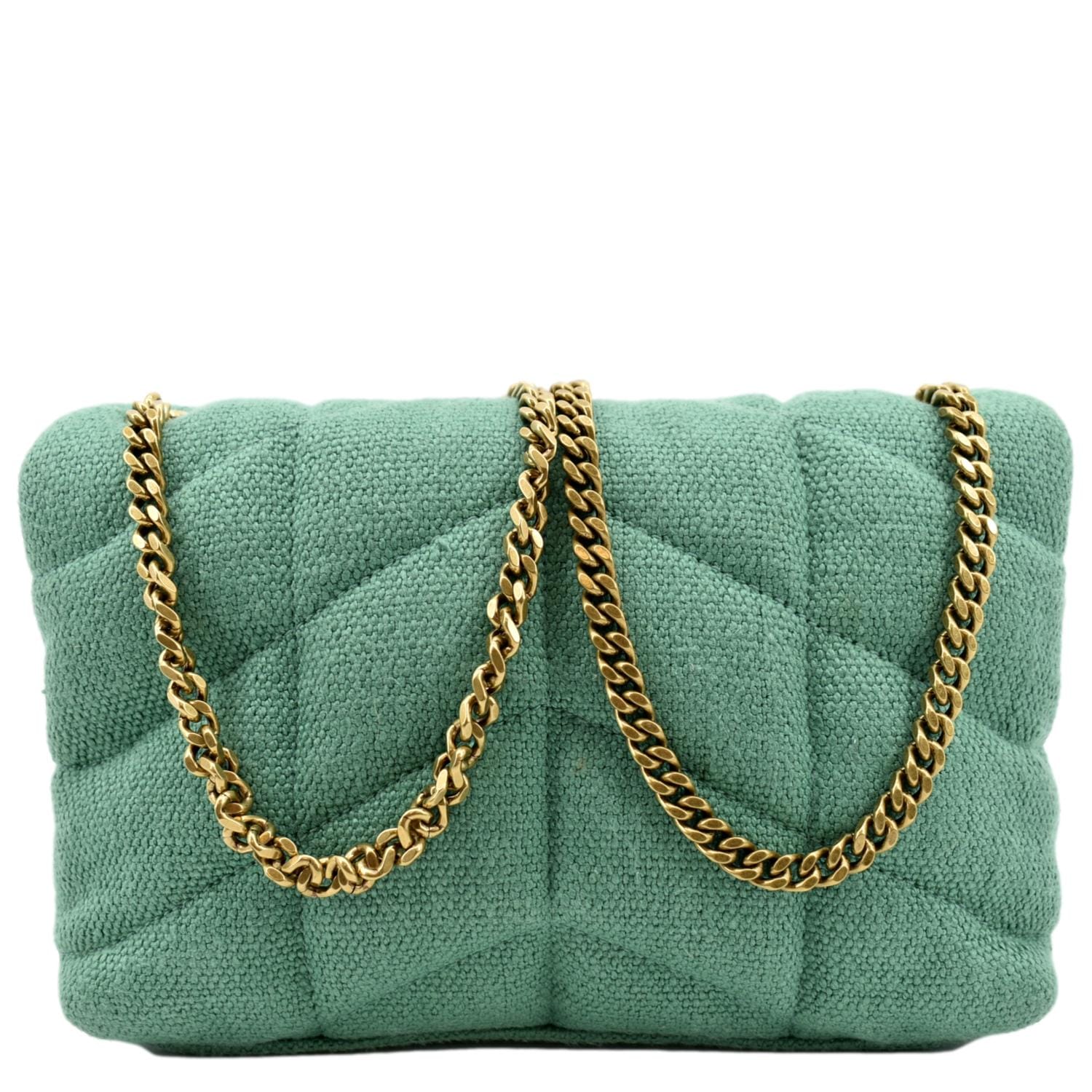 YSL Saint Laurent Yves Loulou Puffer Crossbody Bag Light Canvas Quilted Green