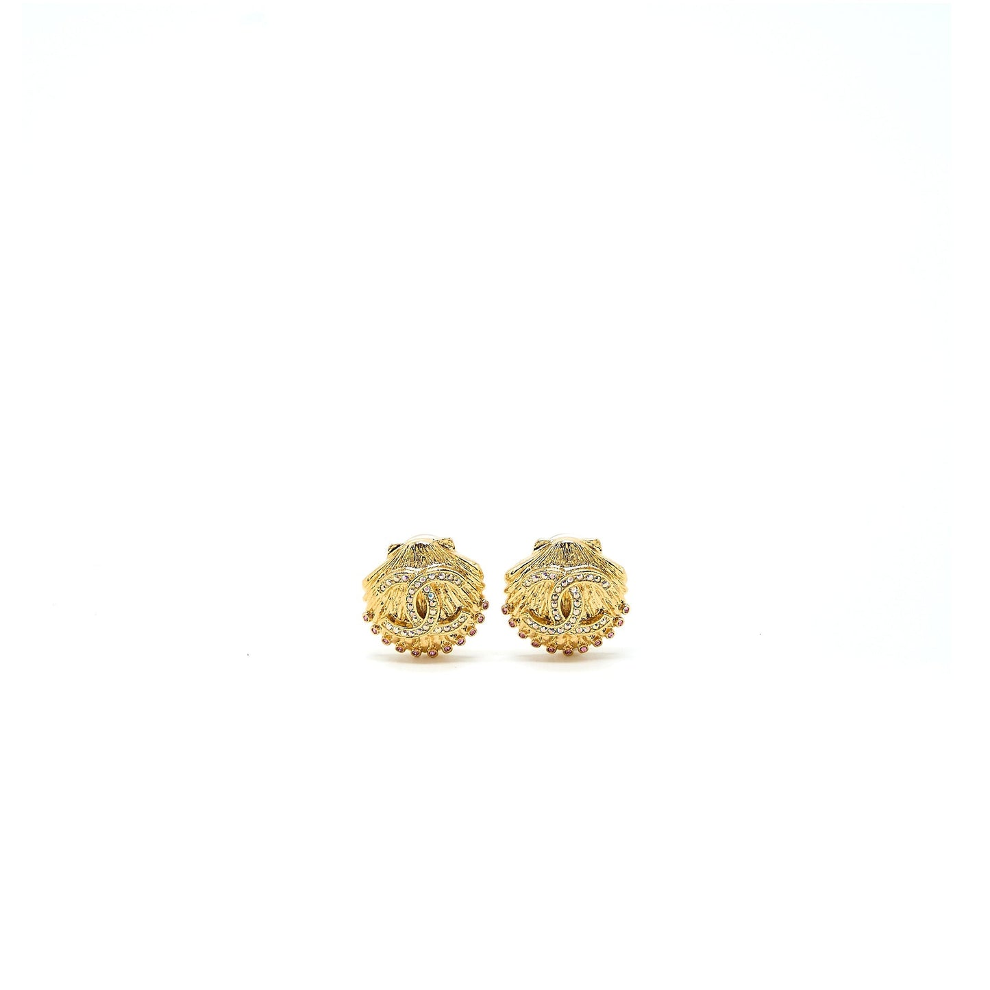 Chanel CC Logo Shell Earclips Crystal Tone Multicolour Gold Handbag