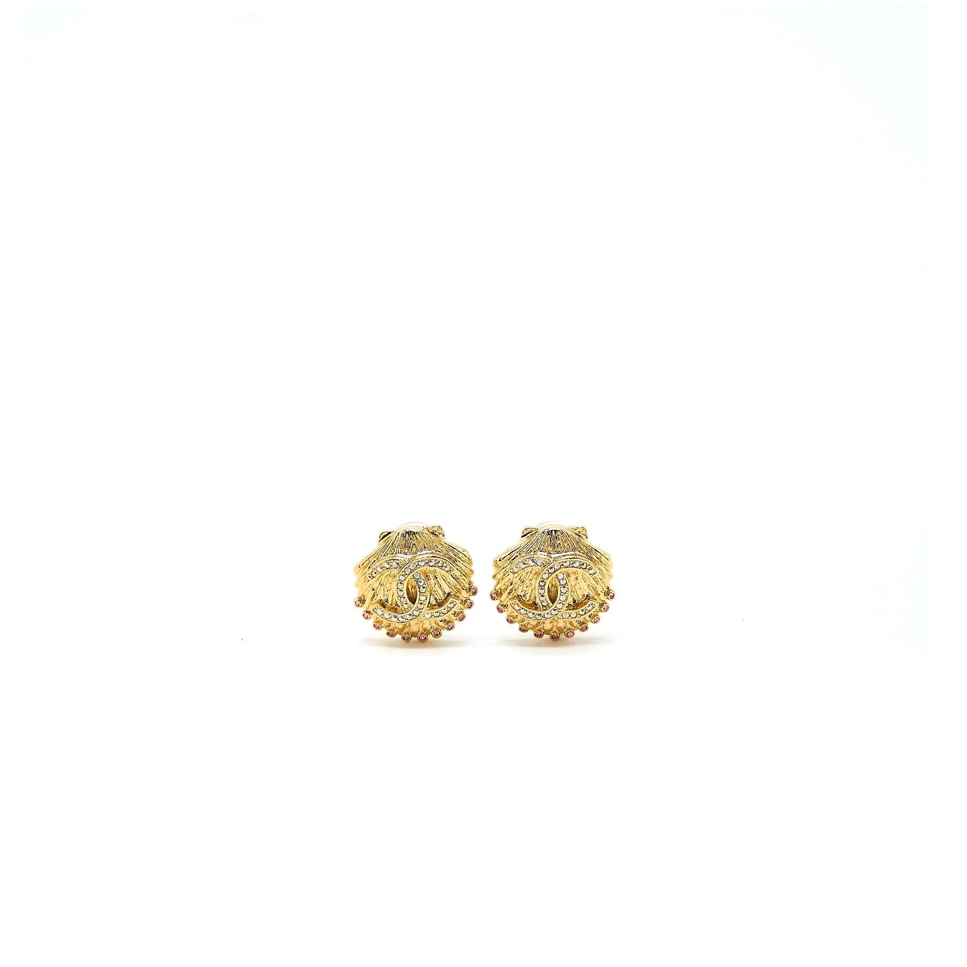 Chanel CC Logo Shell Earclips Crystal Tone Multicolour Gold Handbag
