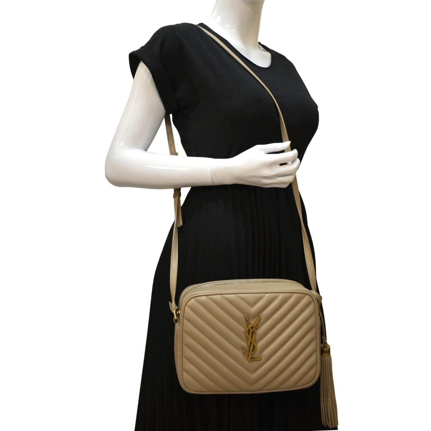 YSL Saint Laurent Saint Lou Chevron Camera Crossbody Bag Leather Beige