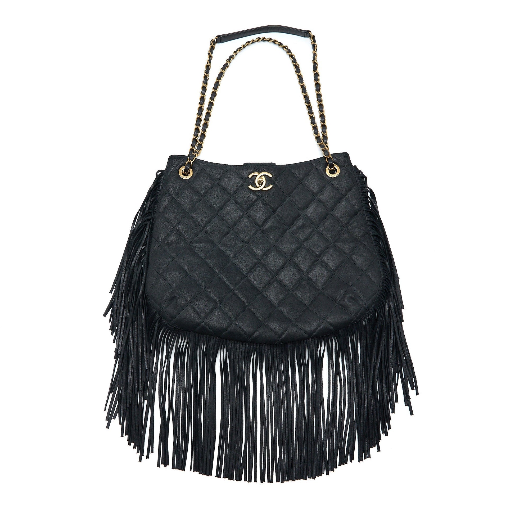 Chanel Tassel Hobo Fringed Shiny Calfskin Brushed Black Jewelry