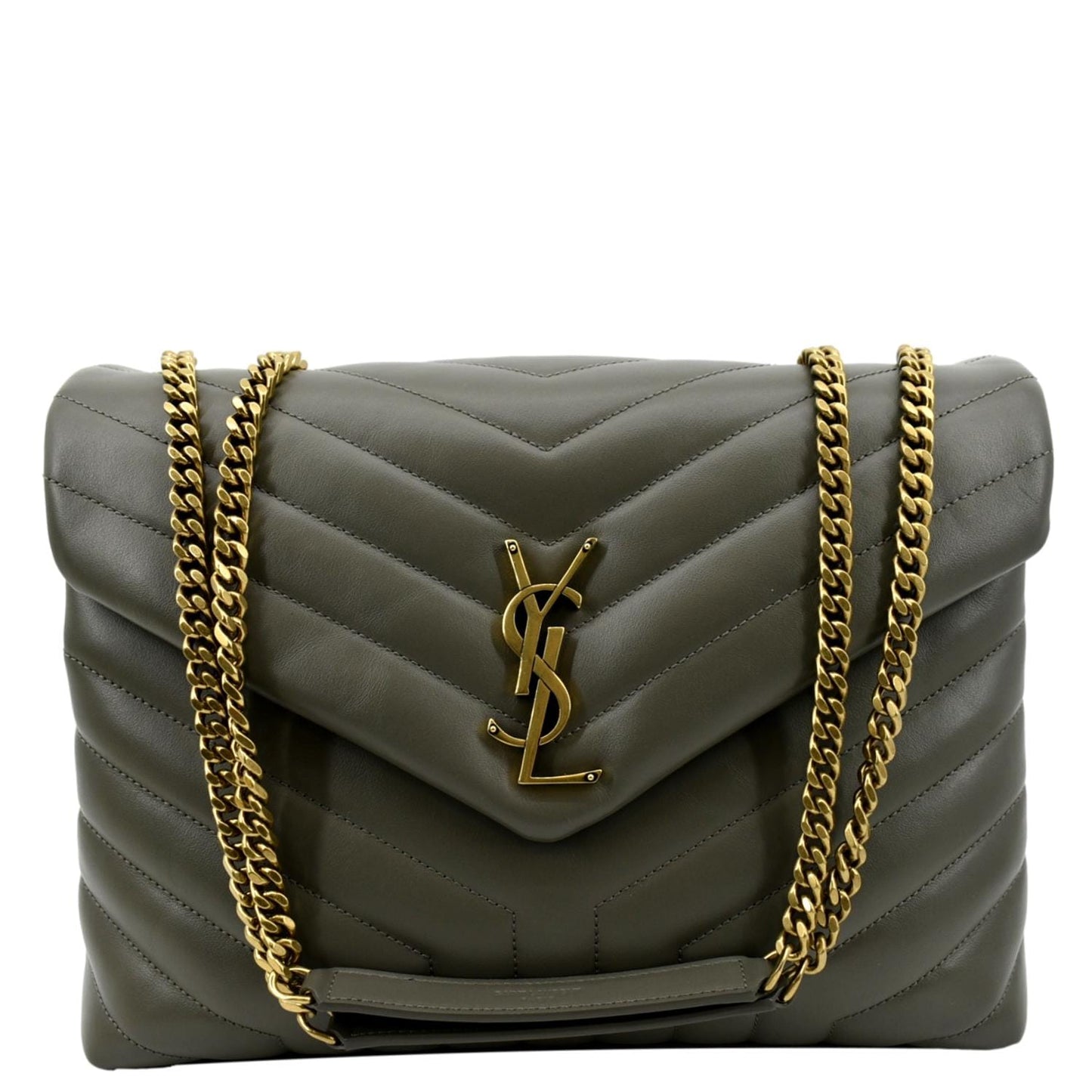 YSL Saint Laurent Yves Loulou Chain Shoulder Bag Grey Leather Matelasse Gray
