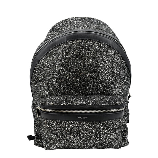 YSL Saint Laurent Saint City Glitter Backpack Bag Canvas Black