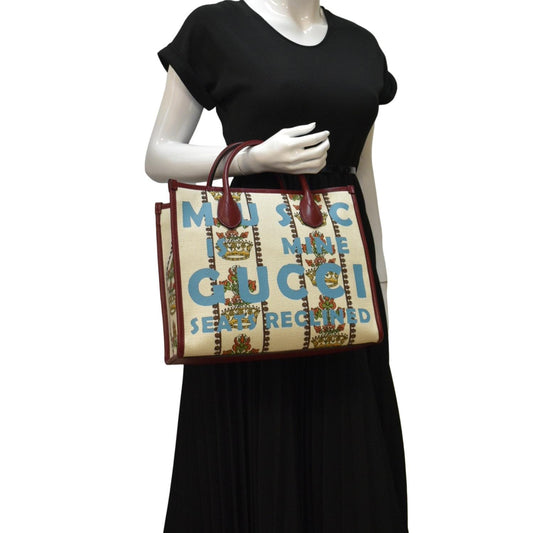 Gucci Centennial Music Jacquard Tote Bag Ivory Canvas Small Shoulder Bag