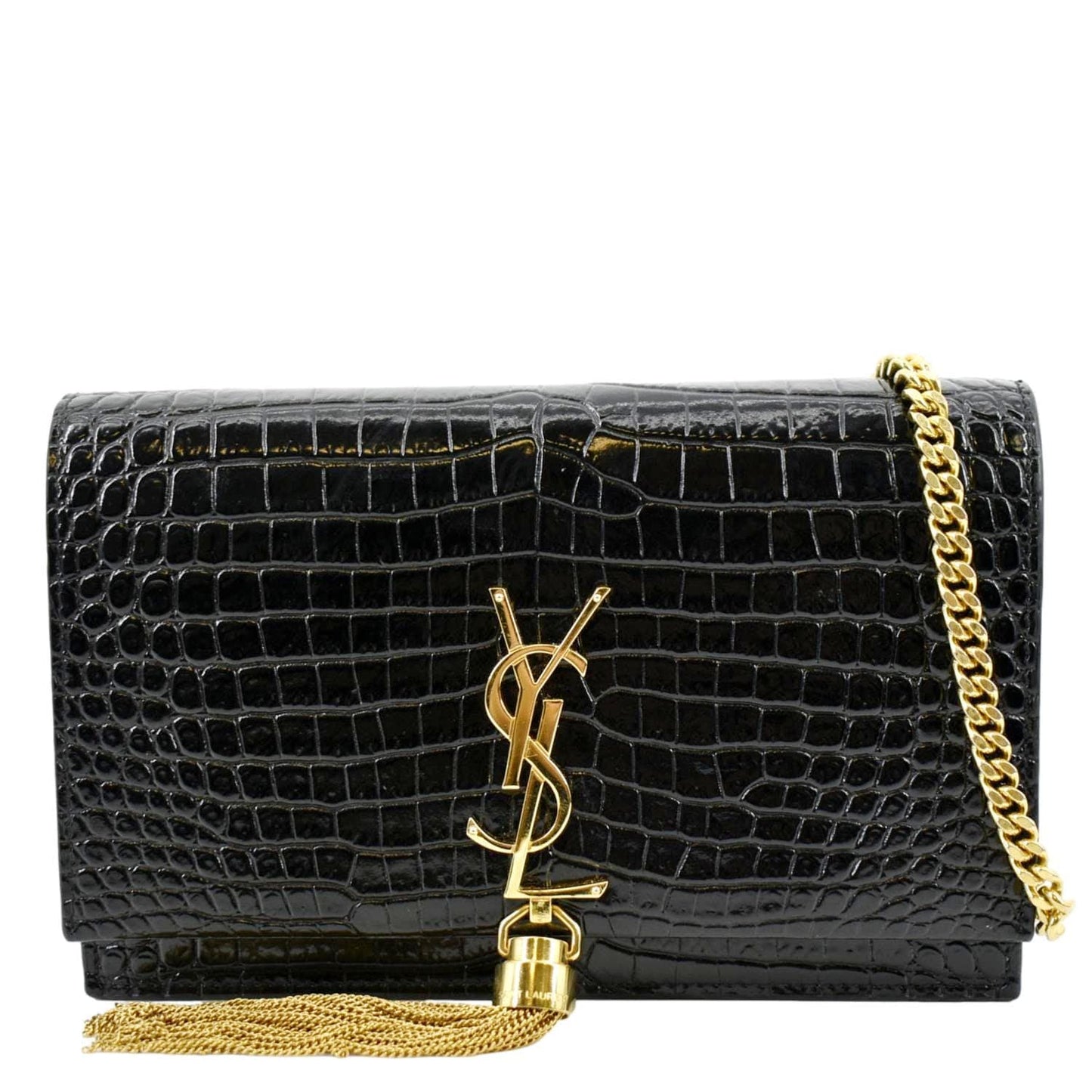 YSL Saint Laurent Saint Kate Crocodile Embossed Patent Shoulder Bag Leather Black