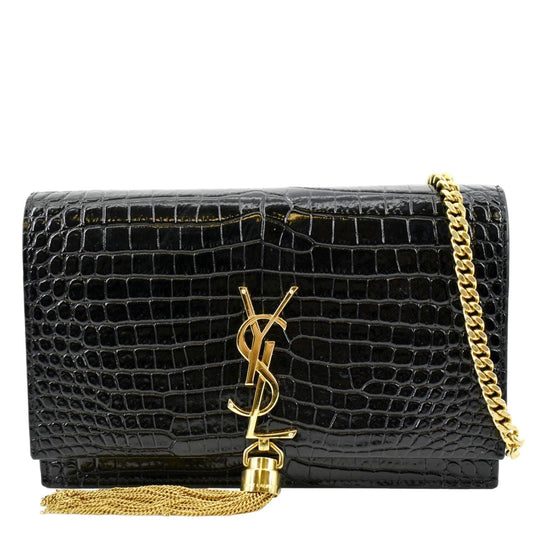 YSL Saint Laurent Saint Kate Crocodile Embossed Patent Shoulder Bag Leather Black