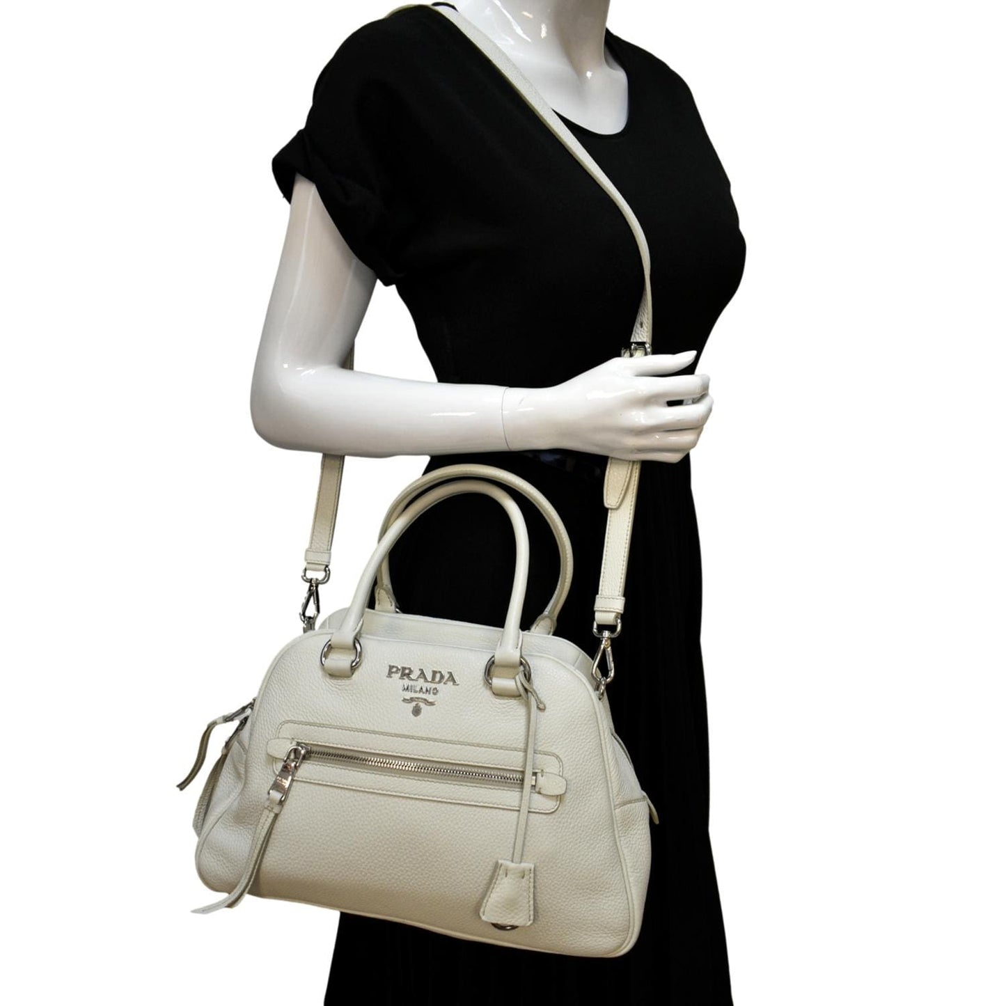 Prada Front Pocket Tote Shoulder Bag Ivory Leather