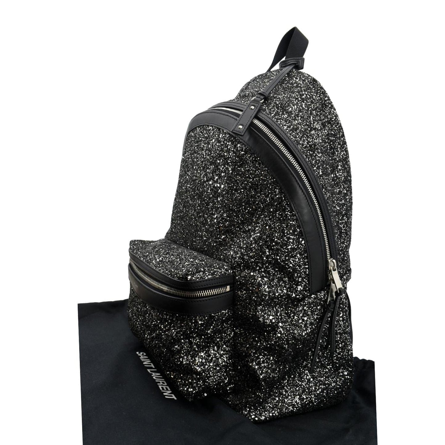 YSL Saint Laurent Yves City Glitter Backpack Bag Canvas Black