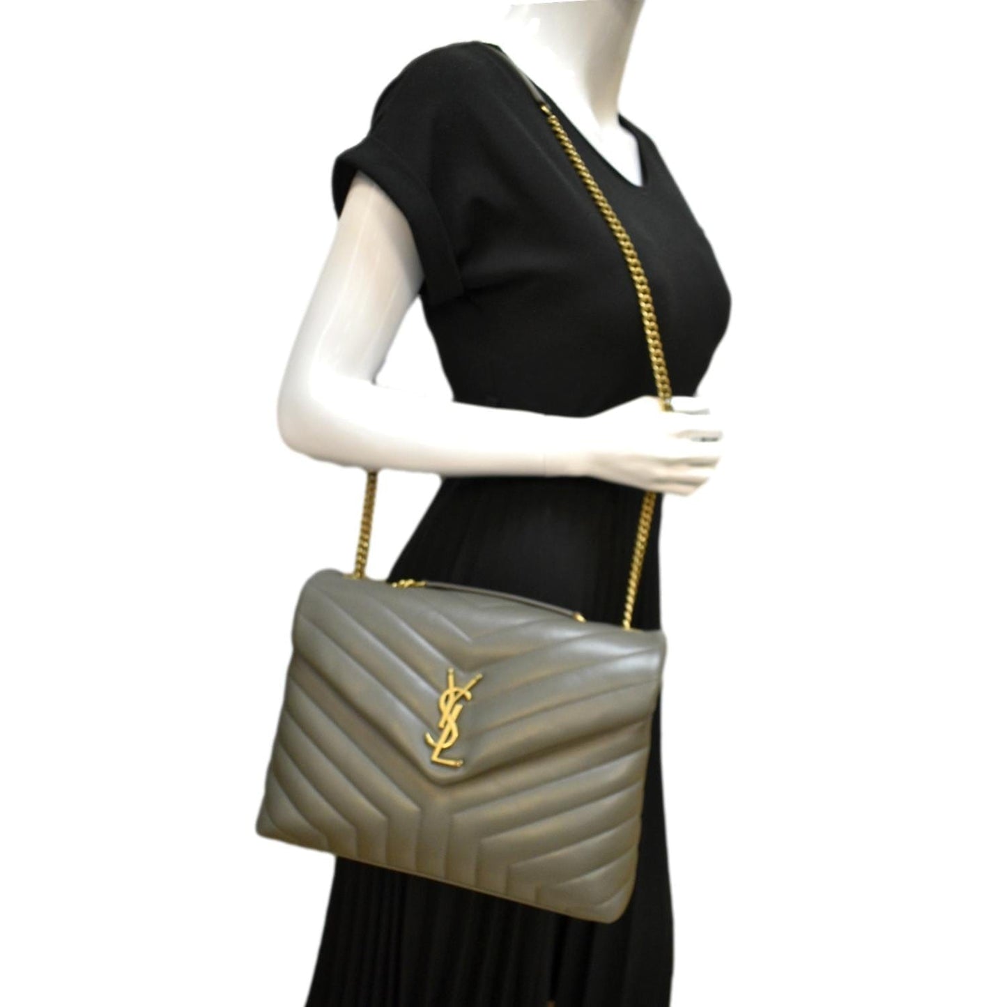 YSL Saint Laurent Yves Loulou Chain Shoulder Bag Grey Leather Matelasse Gray