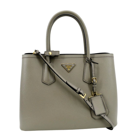 Prada Double Handle Tote Bag Grey Leather Saffiano Gray Shoulder Bag