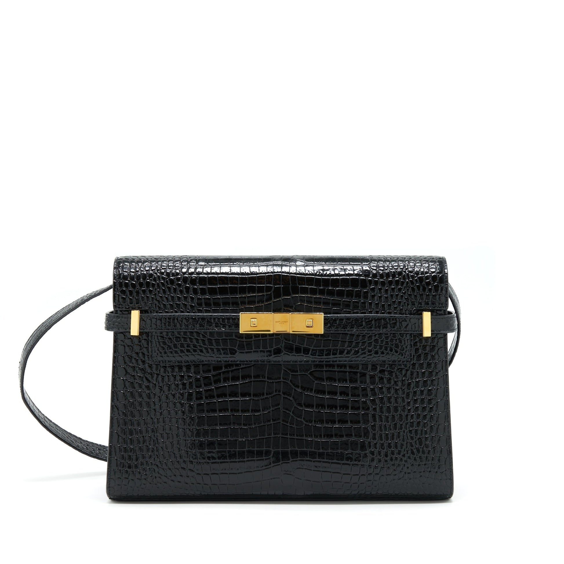 YSL Saint Laurent Manhattan Purse Shiny Crocodile Embossed Shoulder Bag Black