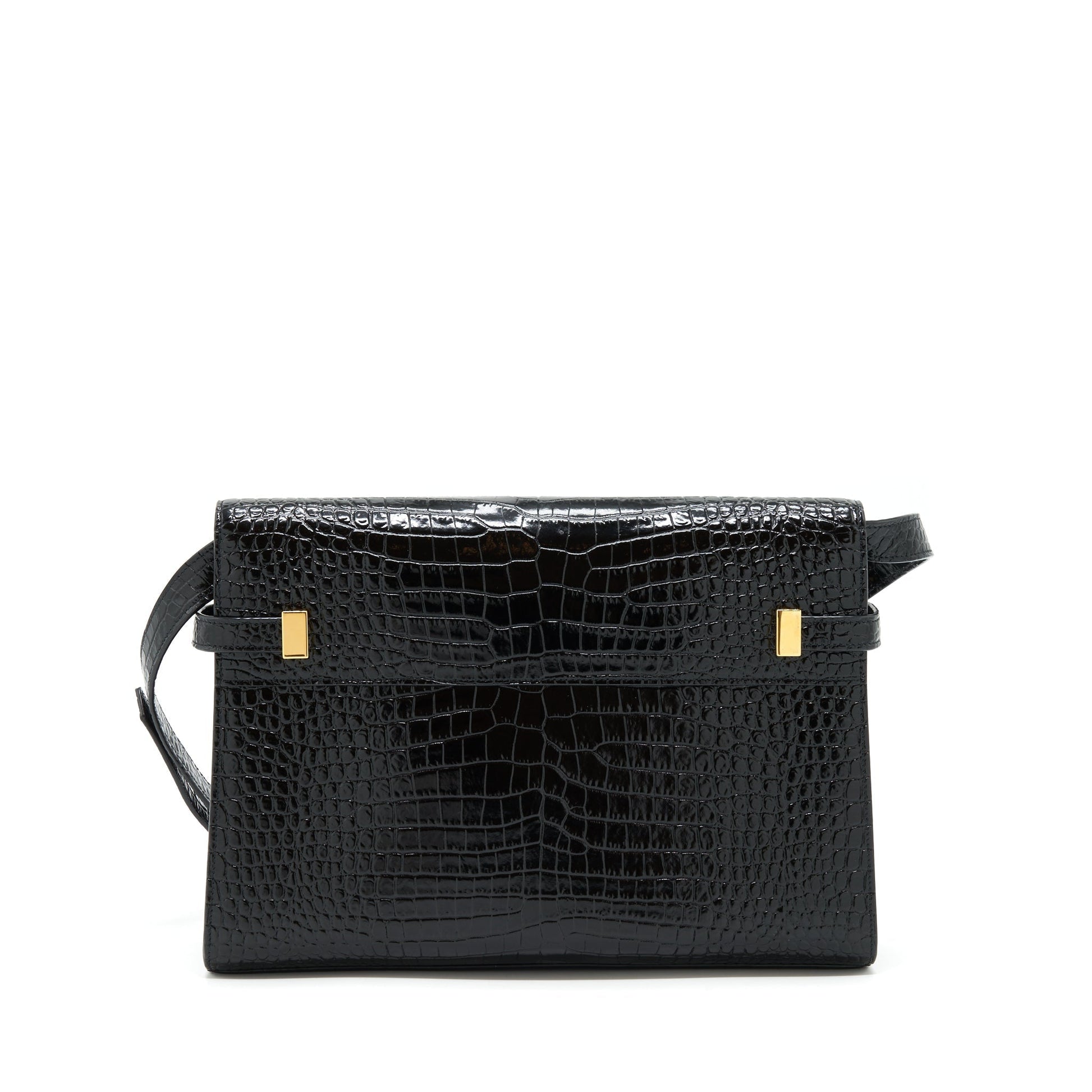YSL Saint Laurent Manhattan Purse Shiny Crocodile Embossed Shoulder Bag Black