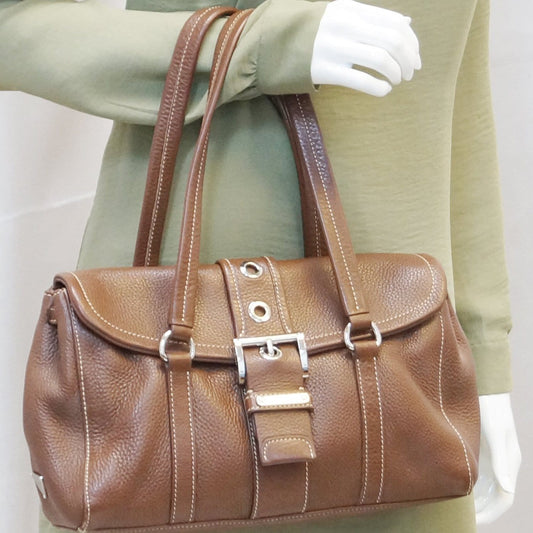 Prada Grommet Shoulder Bag Leather Brown