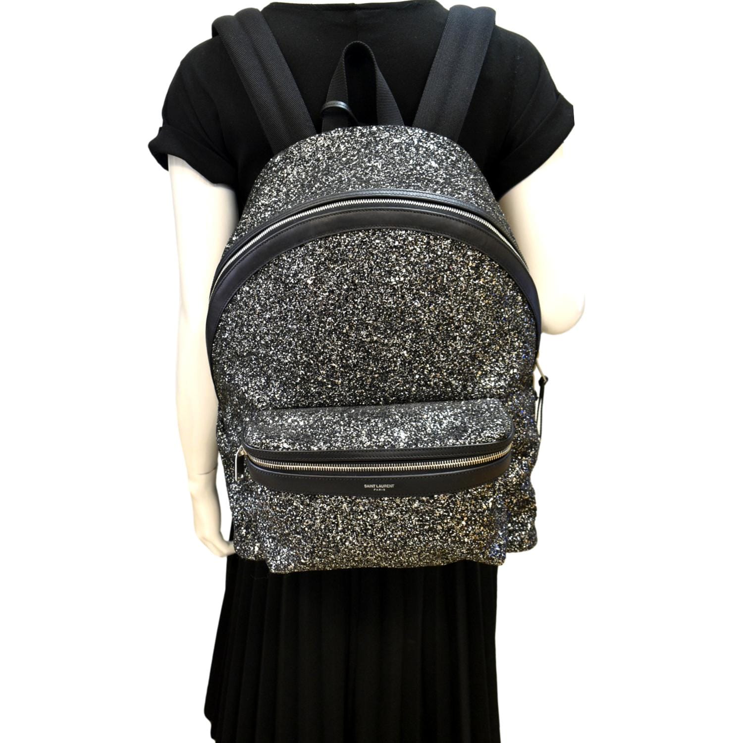 YSL Saint Laurent Yves City Glitter Backpack Bag Canvas Black