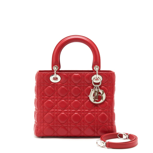 Dior Lady Purse Fuchsia Lambskin Handbag Red Medium Travel Bag