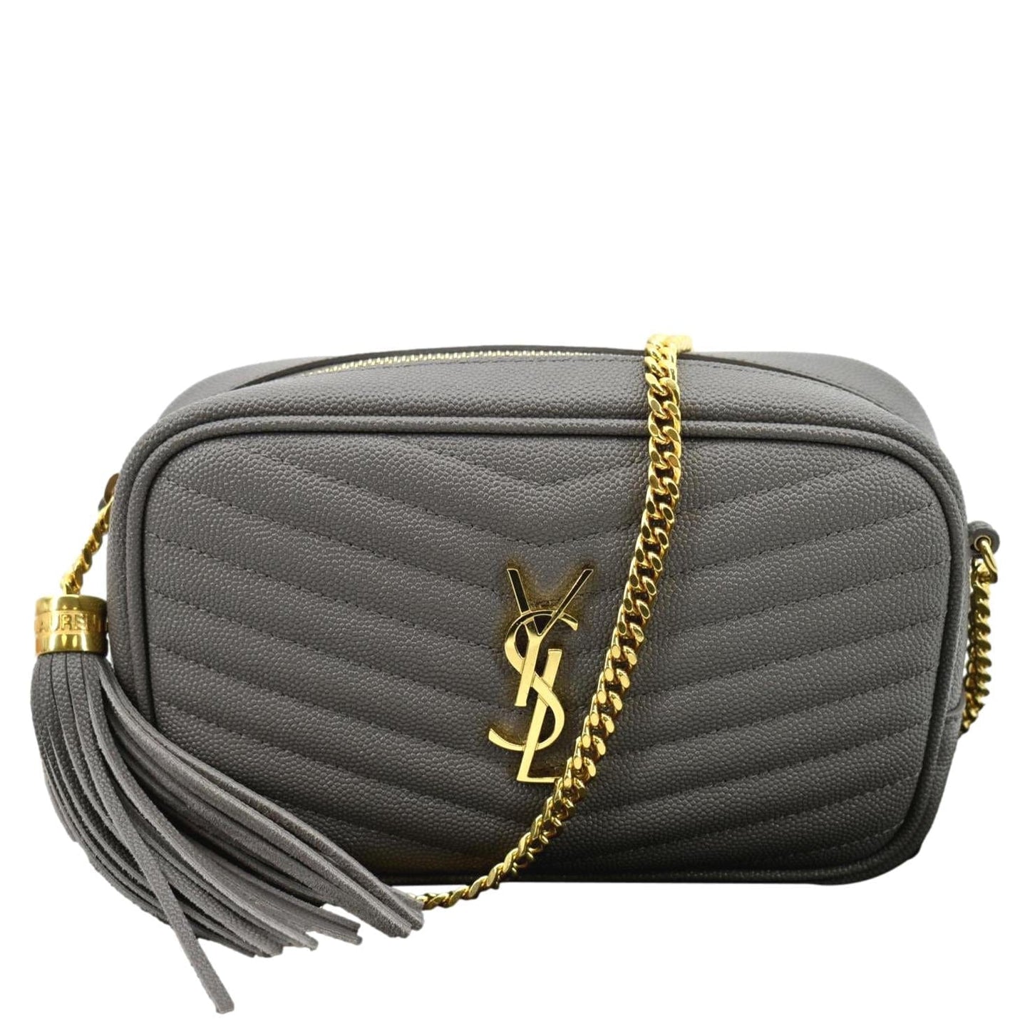 YSL Saint Laurent Yves Lou Chevron Camera Crossbody Bag Storm Leather