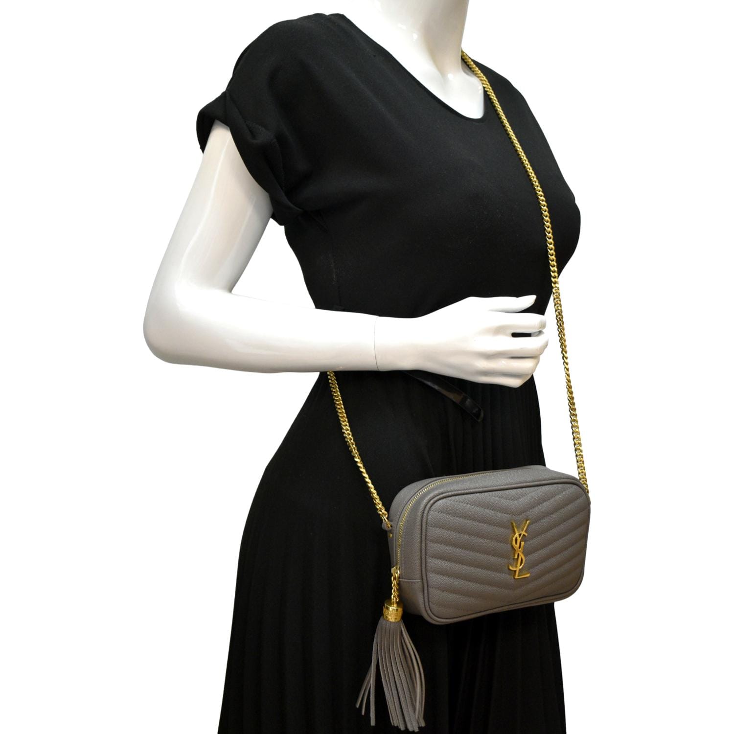 YSL Saint Laurent Yves Lou Chevron Camera Crossbody Bag Storm Leather