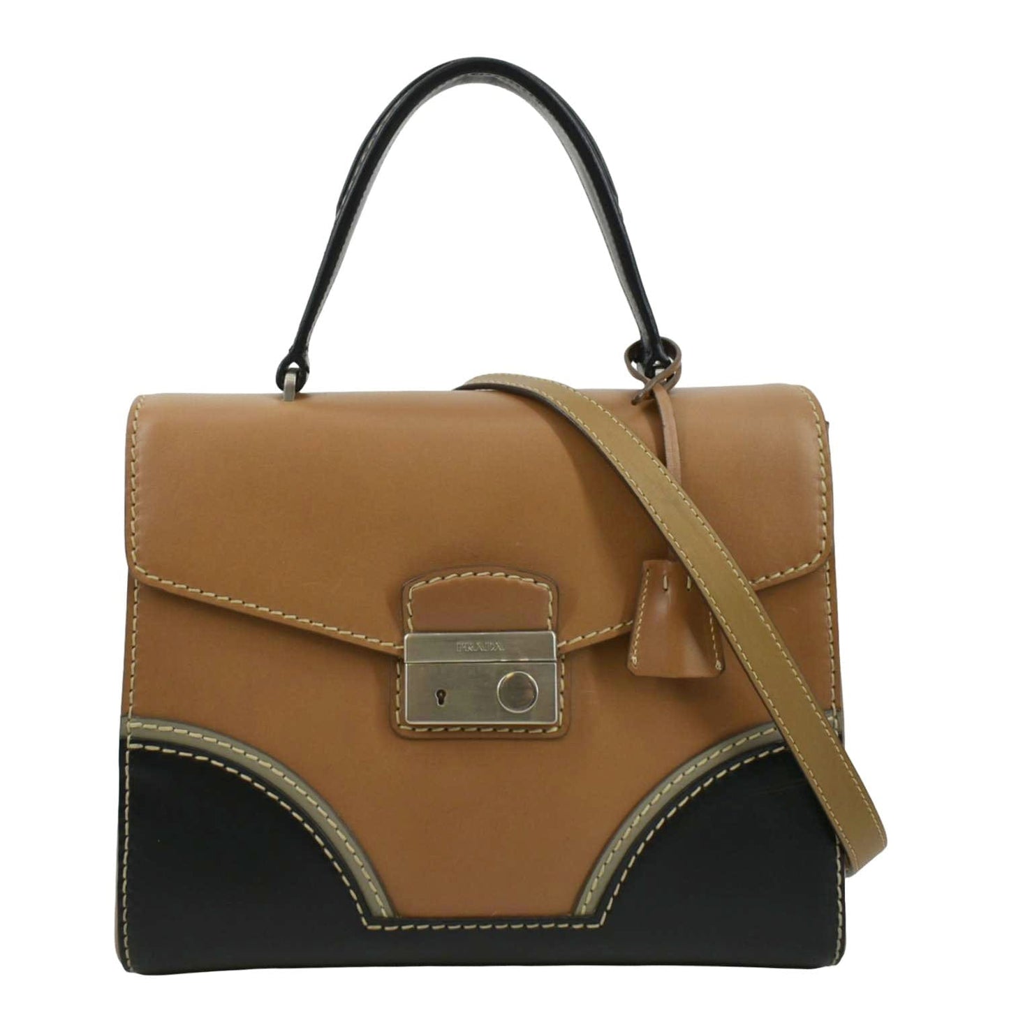 Prada Sound Lock Shoulder Bag Leather Vitello Tan