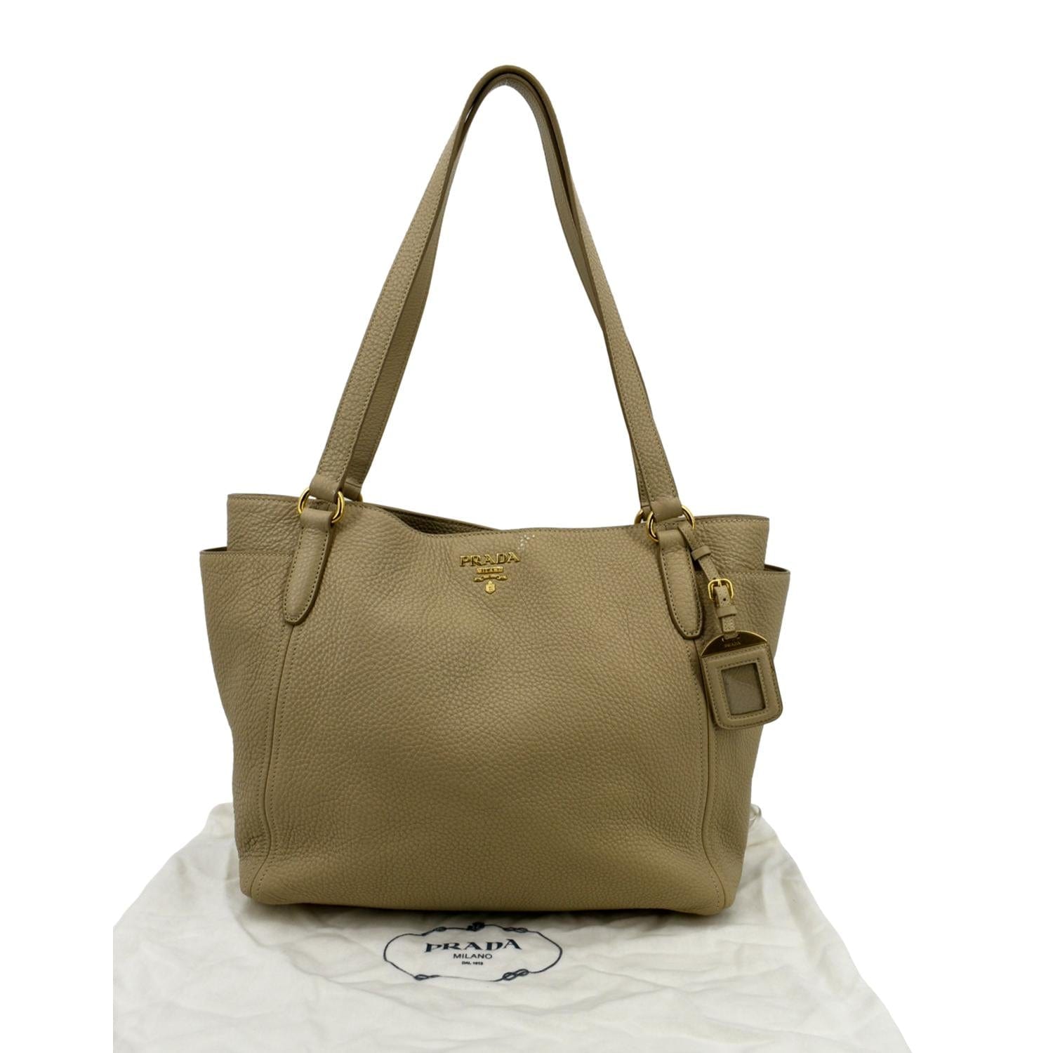 Prada Daino Side Pocket Tote Shoulder Bag Leather Vitello Beige