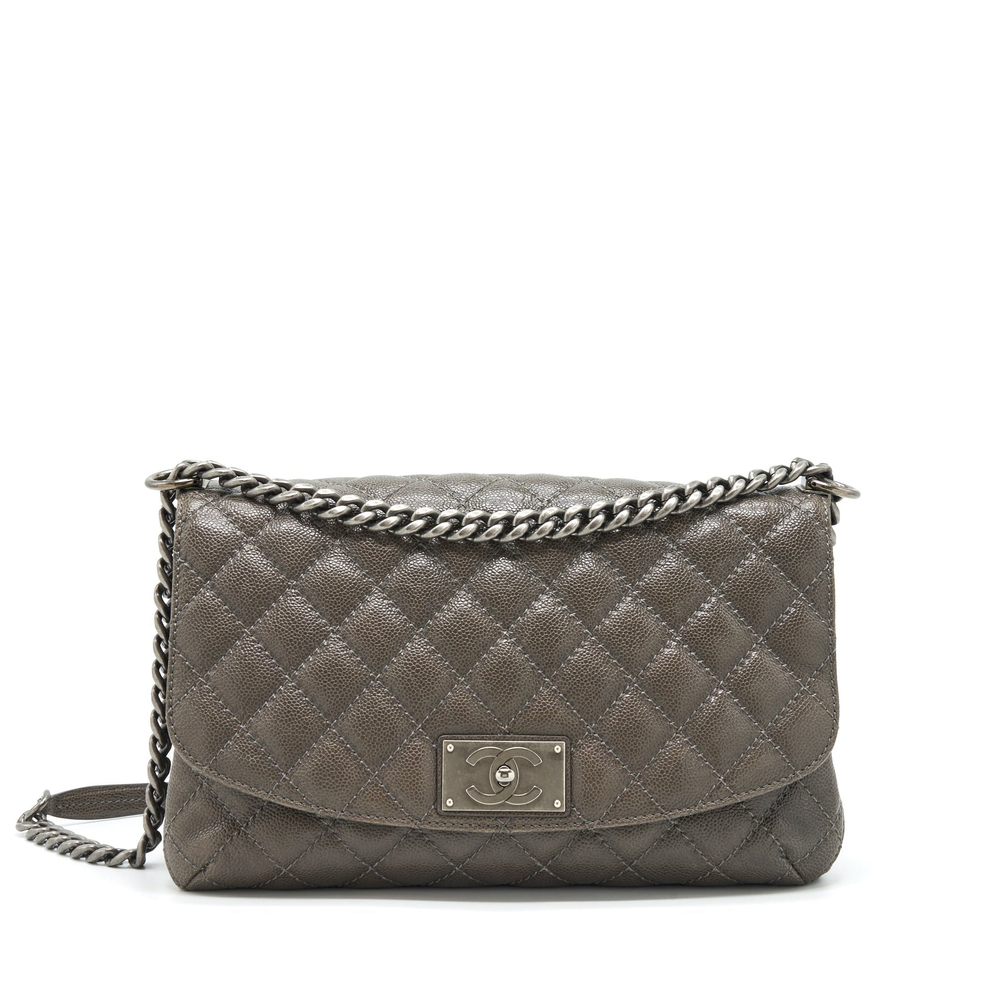Chanel Flap Caviar Dark Ruthenium Sliver Hardware Grey Shoulder Bag