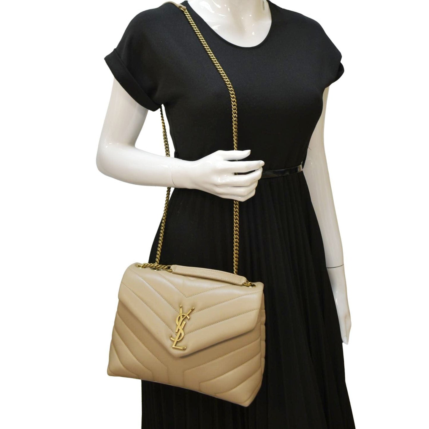 YSL Saint Laurent Yves Loulou Crossbody Bag Dark Leather Quilted Beige