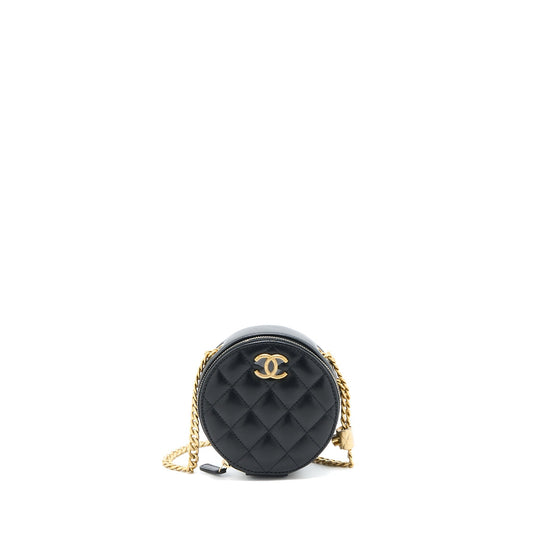 Chanel 22K Pillar Round Lambskin Brushed GHW Black Gold Clutch Bag